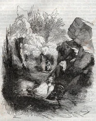 Angélica huyendo del viejo ermitaño - grabado de 1851 de 