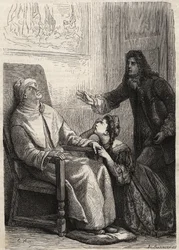 Angélica se arrodilla ante su padre a quien cree muerto - grabado para Jean Baptiste Poquelin, conocido como Molière (1622-1673) (El enfermo imaginario)