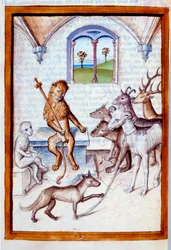Animales en postura humana: El león, rey de los animales, da órdenes a cabras, ciervos y asiste a un felino en postura de escriba. Miniatura de las “Fábulas” de Bidpai traducidas al alemán