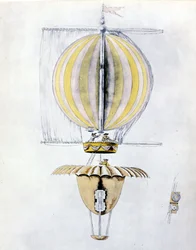 Dibujo anónimo de un dirigible con un paracaídas cónico