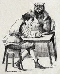 Ilustración anónima para El gato con botas, cuento de Charles Perrault (1628-1703), escritor francés. Imágenes Marcel Vagne, Jarville Nancy, sin fecha (finales del siglo XIX)
