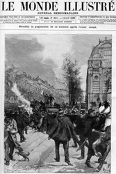 Manifestación anti-panadería: manifestación en la Plaza Saint Michel, donde se queman copias de la “Linterna”. Dibujo de Gerardin para la portada de “El Mundo Ilustre” de 1888.