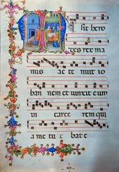 Antifonario en nota 7, libro que contiene los cantos que debe entonar el coro durante la misa (pergamino).