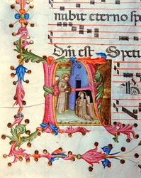 Antifonario en nota 7, libro que contiene los cantos que debe entonar el coro durante la misa (pergamino).