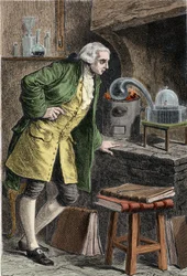Antoine Laurent Lavoisier (1743-1894), químico francés, investiga la existencia de oxígeno en el aire: experimento en el que obtuvo óxido de mercurio - Lavoisier en su laboratorio. Grabado del siglo XIX.