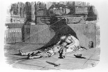 Antonio o Marco Antonio (83 a. C. - 30 a. C.) muriendo en brazos de Cleopatra después de haber muerto creyendo en el suicidio de Cleopatra. Grabado del siglo XIX.