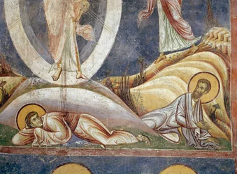 Apóstoles Juan y Santiago Detalle. Fresco de la Transfiguración. 1164 Nerezi, Iglesia de San Clemente, Macedonia