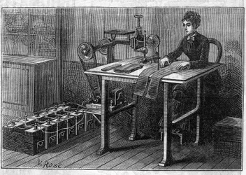 Aplicación de baterías Faure: máquina de cortar tela operada por el acumulador. Grabado en "Le Monde Illustré"