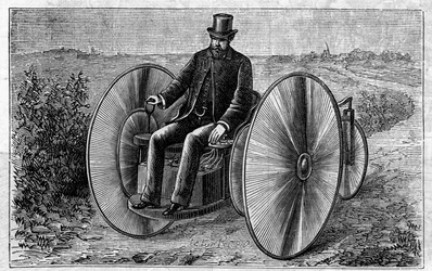 Aplicación de baterías Faure: triciclo eléctrico movido por el acumulador. Grabado en “Le Monde Illustré”.