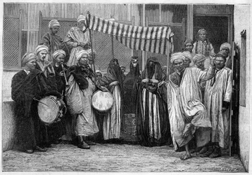 Costumbre árabe en Egipto: Cortejo nupcial en El Cairo. Grabado en "Le Monde Illustré"