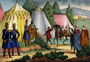 Líder árabe ofreciendo un caballo a un oficial del ejército francés de África, Argelia