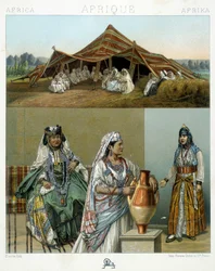 Tienda árabe, trajes femeninos argelinos - en "El traje histórico" de Racinet