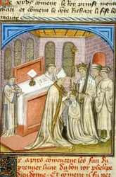 El arzobispo corona a Felipe Augusto en 1179 - Iluminación de la Edad Media (ref. 512, 226r) Solicitar permiso a la Biblioteca Municipal de Toulouse (tel: 05 62 27 66 66)