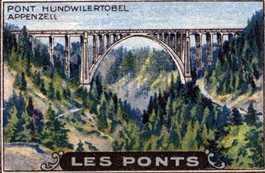 Arquitectura e ingeniería civil: representación del puente Hundwilertobel en el cantón de Appenzell, Suiza, serie sobre puentes, principios del siglo XX (cromo)