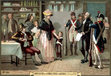 Arresto de la Familia Real (Luis XVI y María Antonieta con sus hijos) en Varennes (22/06/1791). Cromolitografía del siglo XIX