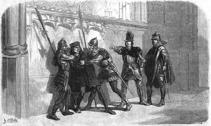 Arresto del bastardo de Rubempré bajo el reinado de Luis XI. Grabado del siglo XIX.