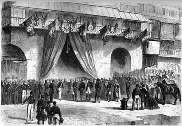 Llegada a Argel el 19 de septiembre de 1864 por el mariscal de Mac-Mahon (Mac Mahon) (1808-1893), nombrado gobernador general de Argelia. Recepción por autoridades civiles y militares bajo el arco del Almirantazgo.