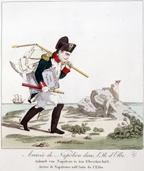 Llegada de Napoleón a la isla de Elba, llevando el Código Napoleón bajo el brazo - en «Napoleón I, caricaturas, colección de maniquíes», hacia 1814