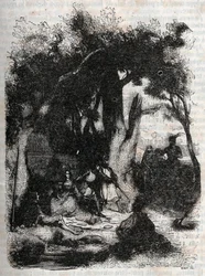 Llegada de Rodomont y Mandricard a la fuente de Merlín - grabado de 1851 de “Roland furieux” (Orlando furioso) (siglo XVI) por Ludovico Ariosto, conocido como el Ariosta - Edición traducida del italiano por el Conde de Tressan y publicada por Gustave Harva