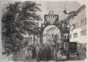 Llegada de la Emperatriz Isabel de Austria (Sissi) a Bad Kissingen (Spa) en 1865 - grabado en 