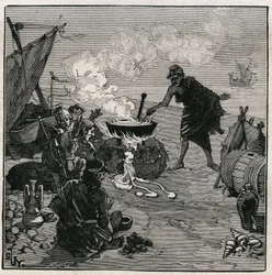 Arte del vidrio: vitrificación descubierta según Plinio el Viejo (23-79 d.C.). En la antigüedad, los comerciantes naufragaron en una playa con plantas de Kali entre los combustibles. Estas plantas proporcionan suficiente soda para producir vidrio al mezcla