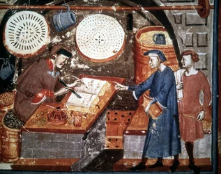 Tienda de artesanos en el siglo XIV. Manuscrito en miniatura del siglo XIV. Biblioteca Medicea Laurenziana, Florencia