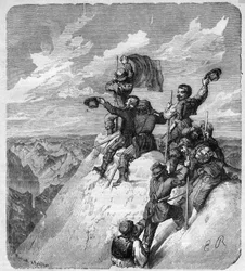 Ascensión del Illimani (6.439 m) (Nevado Illimani, pico de París) por Charles Wiener (1851-1913) explorador y diplomático francés y sus compañeros - grabado en “journal des voyages” 1887
