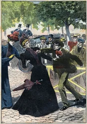 Asesinato de la emperatriz Isabel de Austria (Sissi) por el anarquista italiano Luigi Lucheni en Ginebra en 1898. Ilustración de 1898. Colección privada - El asesinato de la emperatriz Isabel de Austria (Sissi) por el anarquista italiano Luigi Lucheni, en