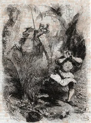 Astolfo hace huir a Caligorant - grabado de 1851 de “Roland Furioso” (Orlando furioso) (siglo XVI) de Ludovico Ariosto, conocido como el Ariosto - Edición traducida del italiano por el Conde de Tressan y publicada por Gustave Harvard.