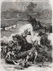 Astolfo hace huir a mujeres asesinas - grabado de 1851 de «Orlando furioso» (siglo XVI) de Ludovico Ariosto, conocido como Ariosto - edición traducida del italiano por el conde de Tressan y publicada por Gustave Harvard en 1851