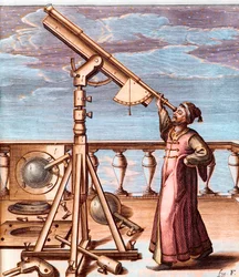 Astrónomo observando el cielo con un telescopio - de: Johannes Hevelius (1611-1687), Selenographia, sive Lunae descriptio (Selenografía, o Una Descripción de La Luna)