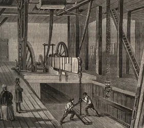 Taller de perforación del pozo artesiano de Passy. Grabado de 1856 en "Le Musée Des Sciences".