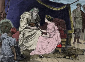 Estadista ateniense Pericles (495 a.C.-429 a.C.), partidario de la democracia, con su hija Marine. Grabado del siglo XIX