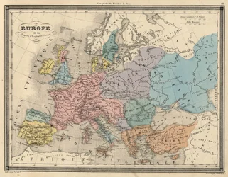 Atlas de Europa en 814: Imperios de Occidente y Oriente. Plano extraído de “Atlas Universal de Geografía Antigua y Moderna” por Vuillemin. c. 1851