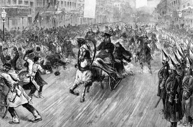 Ataque al Zar Alejandro II (1818 - 1881) en San Petersburgo en 1881. Ilustración del siglo XIX.