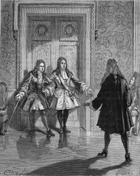 Agosto de 1718: Saint Simon (Saint-Simon) (Louis de Rouvroy, Duque de) (1675-1755) bloqueando el paso al Duque de Maine (Louis Auguste (Louis-Auguste) de Borbón) (1670-1736). Grabado del siglo XIX. En “Historia de Francia” por Jules Michelet