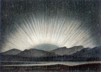 Aurora boreal del 6 de agosto de 1871, estudiada en el Observatorio Real de Edimburgo a medianoche, al salir la luna - según J. Hann "Geología General"
