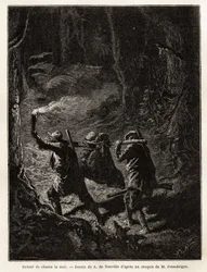 De regreso de la caza por la noche, la presa, un oso, está atada y suspendida de una rama que los cazadores llevan al hombro. Grabado para ilustrar la historia Quatre mois en Florida, por M. Pousselgue, en 1851-1852, publicado en “le tour du monde”, bajo l