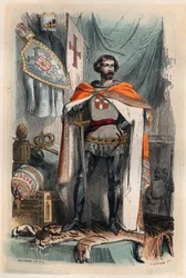 Balduino I de Constantinopla - Retrato de Balduino I, emperador latino de Oriente (1171-1206), se convirtió en emperador de Constantinopla al participar en la Cuarta Cruzada. También conocido como Balduino IX de Flandes (o Balduino VI de Henao). Grabado