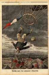 Accidente de globo en Beuzeville, tras una pérdida de gas, el aeronauta perdió el control y cayó de su globo, en el que había embarcado sin una góndola. Grabado en "Le petit journal" 30/7/1899. Colección Selva.