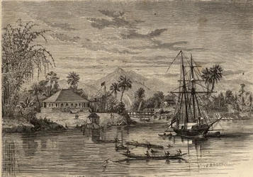 Bangalow, casa de Sir James Brooke, conocido como el Rajá de Sarawak (1803-1868) aventurero británico primer rajá blanco de Sarawak en las cercanías de Sarawak (Borneo). Grabado en “Le Monde illustré” de 1857. Colección privada.