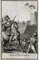 Invasiones bárbaras - Atila (ca. 406-453), rey de los hunos, durante el asedio de Aquilea (Aquileia) en Italia, 452. Grabado en “Beauté de l