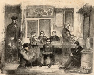Taller de cestería y lectura para ciegos ubicado en Euston Road en Londres y organizado por la Asociación para Promover el Bienestar General de los Ciegos, una asociación para ayudar a los ciegos a encontrar trabajo. Grabado en “The Illustrated London News