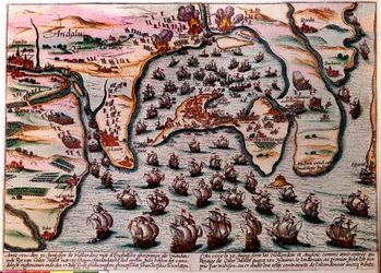 Plano de batalla de Cales Males (España) el 30 de junio de 1596. La flota del ejército holandés e inglés entra como amigos en Cales Males con 180 barcos. Al día siguiente, 1 de julio, sorprendidos por traición, tuvieron que abandonar la ciudad con vergüenz