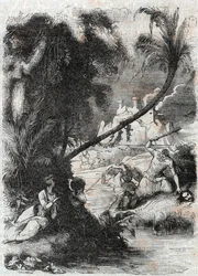 Batalla de Grifón y Aquilante contra Orrile - grabado de 1851 de “Roland Furioso” (Orlando furioso) (siglo XVI) de Ludovico Ariosto, conocido como el Ariosto - Edición traducida del italiano por el Conde de Tressan y publicada por Gustave Harvard.