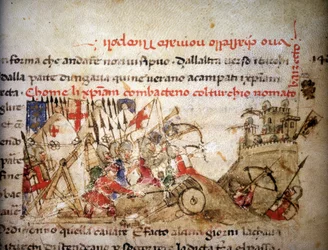 Batalla de Nicópolis: derrota de los cristianos ante Bayezid I (Turquía), el 28/09/1396, en las «Croniche del Sercambi», hacia 1400. Archivo Estatal, Lucca.