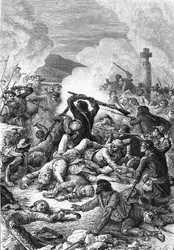 Batalla de Ponte Novu en Córcega entre el ejército francés dirigido por el Conde de Vaux y las tropas corsas de Pasquale Paoli, 9 de mayo de 1769. Siglo XIX (grabado)