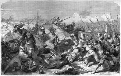 Batalla de Rávena (Italia), muerte de Gastón de Foix, duque de Nemours (1489-1512) el 11 de abril de 1512. Grabado del siglo XIX.