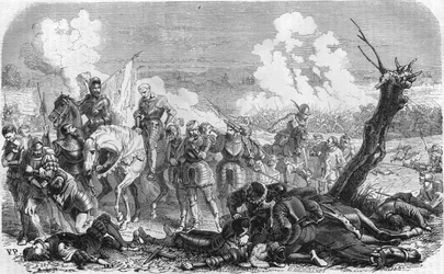 Batalla de San Quintín en 1557, un episodio de la larga guerra que opone al Reino de Francia y España. Grabado del siglo XIX.