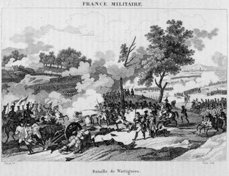 Batalla de Wattignies: Jourdan y Carnot ganaron la victoria para desbloquear la ciudad de Maubeuge sitiada por los austriacos, octubre de 1793. Grabado del siglo XIX